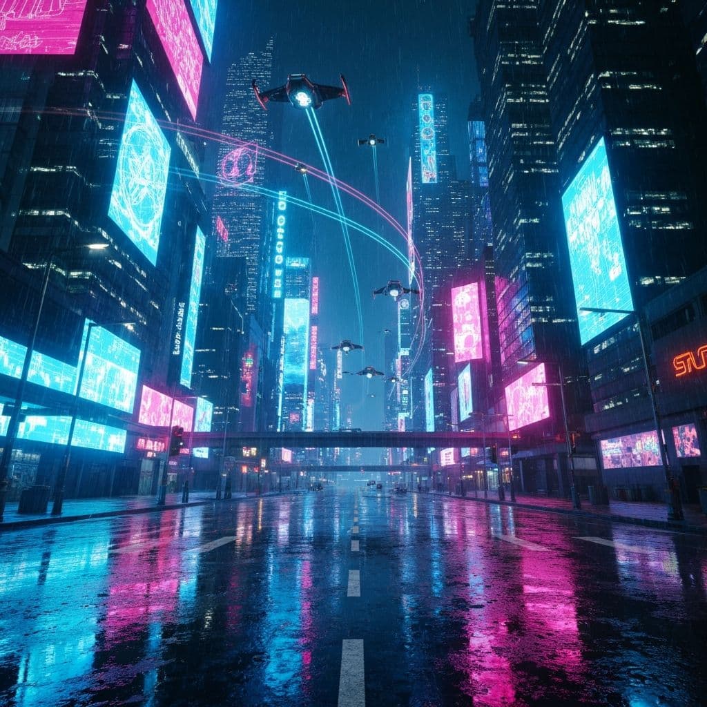 A futuristic cyberpunk city at night with neon holographic billboards