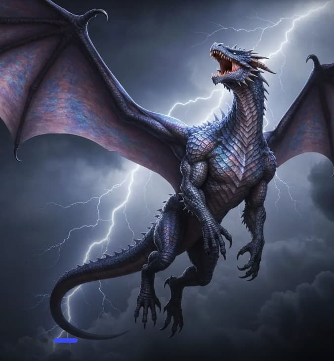 A majestic dragon soaring through storm clouds with lightning